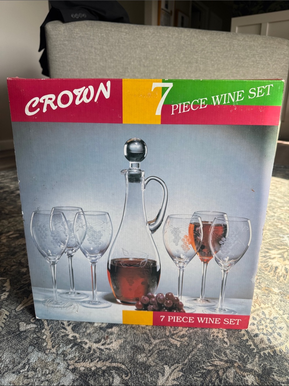 Crown Clear Etched 7-Piece Wine Glass and Decanter Set